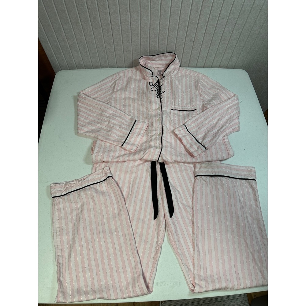 Victoria's Secret Pajama Set Small Pink White Stripe Gold Sparkle Flannel 2pc